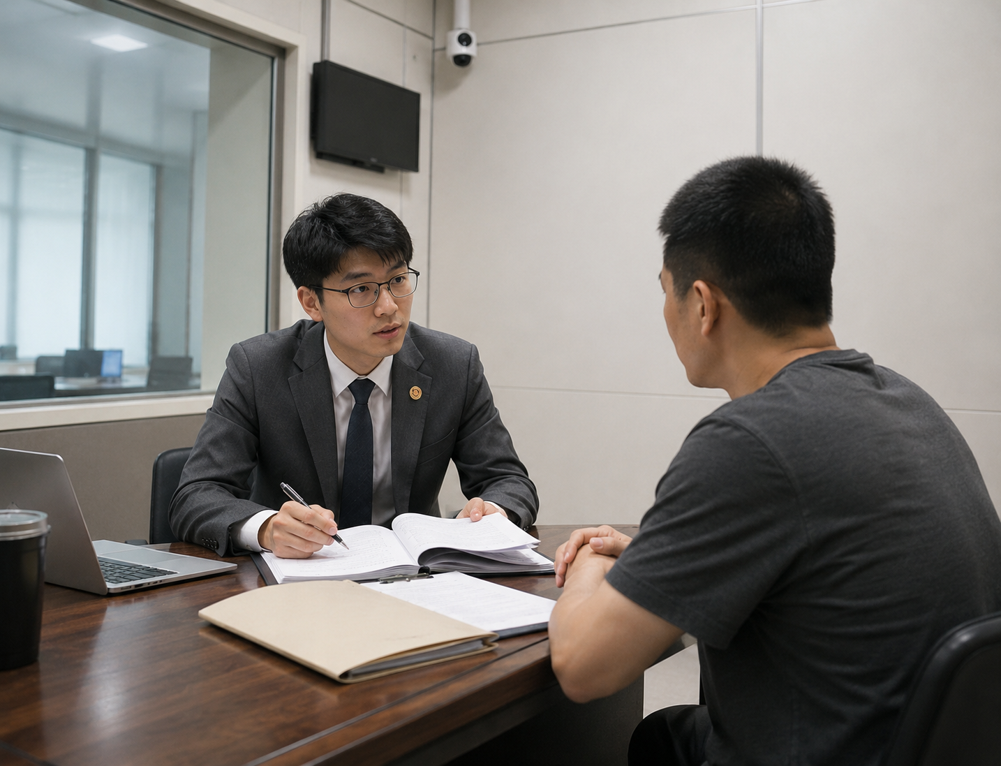 律师在会议室与当事人沟通案件
